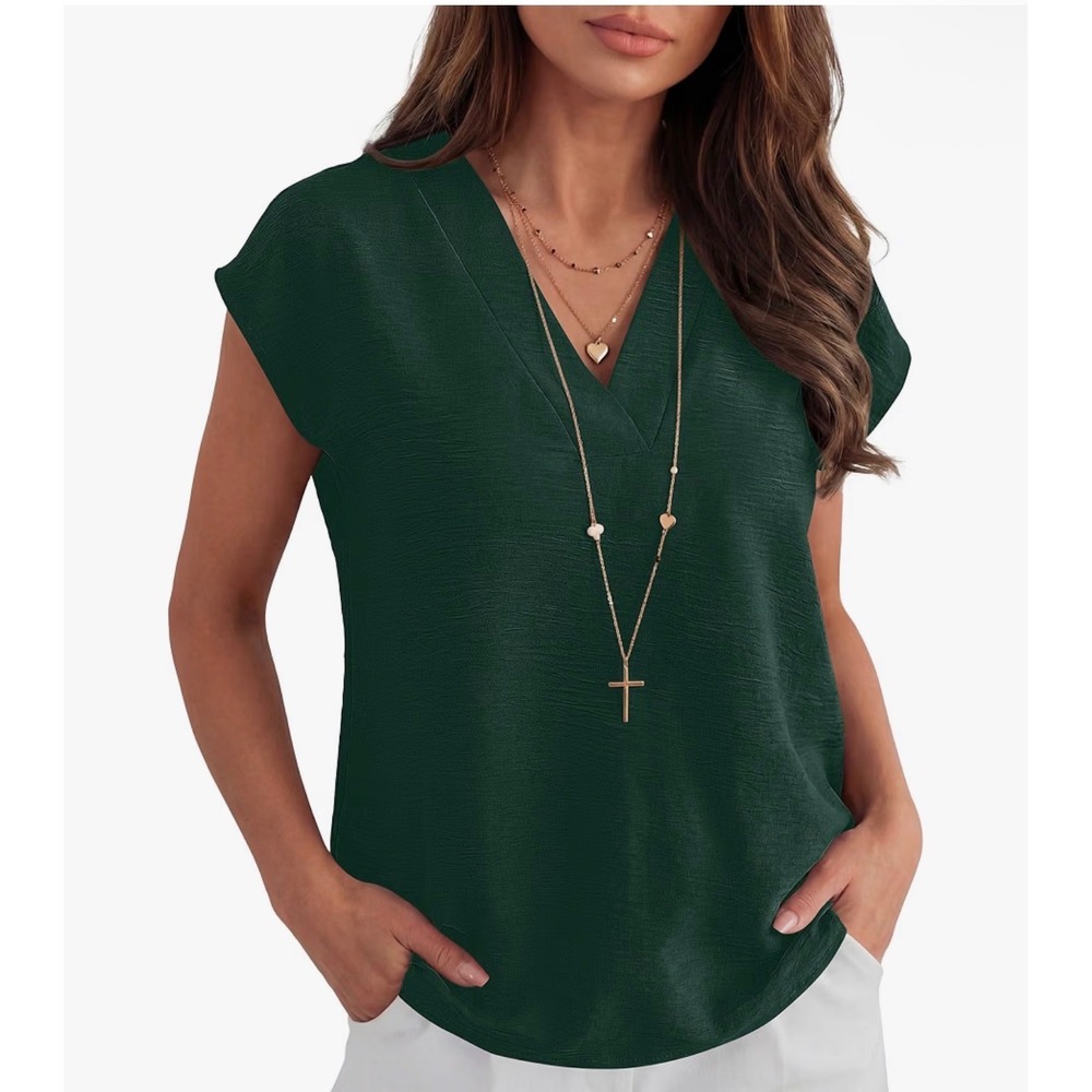 ANRABESS Women  Cap Sleeve Dressy Casual V Neck Shirt Dark Green XL